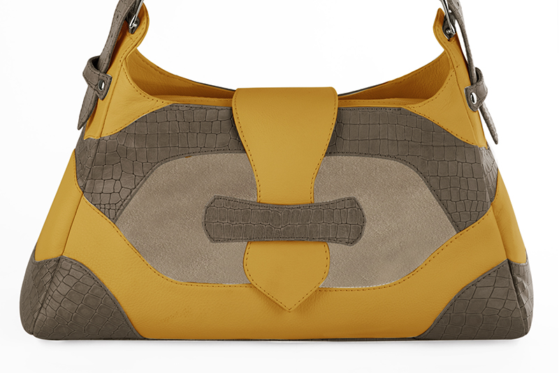 Mustard yellow, bronze beige and taupe brown women's dress handbag, matching pumps and belts. Profile view - Florence KOOIJMAN